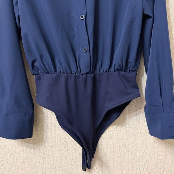 Navy Long Sleeve Button-Up Bodysuit Shirt – Size L - Picture 5 of 9